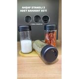 Ahşap Standlı Spice 3'Lü Set Döner Kapak Cam Baharatlık Tuzluk Biberlik Seti 250Cc