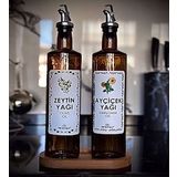 Ahşap Stantlı Amber 2'li 750 ml Zeytinyağı Sıvıyağ Şişesi Yağdanlık Yağlık
