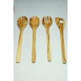 Ahşap Vadisi Zeytin Ağacı El Yapımı 30 cm 4 Parça Ahşap Mutfak Seti, Tahta Kaşık, Çatal, Spatula, Kevgir - Ağaç desenli