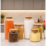 Ahşap Vakum Kapaklı Cam Saklama Kavanozu Seti 1400 ml 800 ml 500 ml - Şeffaf - Açık Kahverengi - 6 Adet - 5 lt