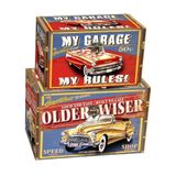 Ahşap Vintage Sandık Seti, 'My Garage My Rules' ve 'Older Wiser' Temalı, Rustik Baskılı, 2'li Set, Büyük 35x25x16 cm, Küçük 30x20x14 cm
