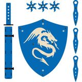 Ahtek Ahşap Oyuncak Samuray Seti 4 Lü, Kalkan + Katana Kılıcı + Ninja Yıldızı Kohga + Fırlatma Bıçağı Kunai Mavi