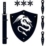 Ahtek Ahşap Oyuncak Samuray Seti 4 Lü, Kalkan +Katana Kılıcı +Ninja Yıldızı Kohga +Fırlatma Bıçağı Kunai Siyah
