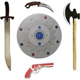 Ahtek Ahşap Oyuncak Seti 5'li, Kayı Kalkanı + Kılıcı + Baltası + Oyuncak Bıçak ve Lastik Atan Tabanca