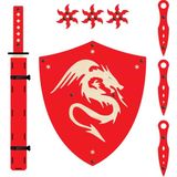 Ahtek Ahşap Samuray Seti 4 Lü, Kalkan +Katana Kılıcı + Ninja Yıldızı Kohga + Fırlatma Bıçağı Kunai Kırmızı