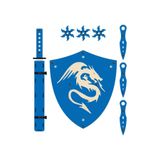 Ahtek Ahşap Samuray Seti 4 Lü, Kalkan + Katana Kılıcı + Ninja Yıldızı Kohga + Fırlatma Bıçağı Kunai Mavi