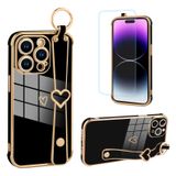 AIGOMARA iPhone 14 Pro ile uyumlu kılıf, tatlı kalp desenli cep telefonu kılıfı, lüks galvanizli, yumuşak TPU bileklik, stant tutucu, çizilmeye karşı dayanıklı, darbeye dayanıklı koruyucu kılıf,