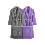 Aile Bornoz Seti 4 Parça Pamuklu Kadın Erkek Baş Havlulu Daily (Lavanta-Gri, S-M/L-XL)