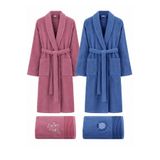 Aile Bornoz Seti 4 Parça Pamuklu Kadın Erkek Baş Havlulu Daily (Mürdüm-Lacivert, S-M/L-XL)
