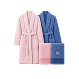 Aile Bornoz Seti 4 Parça Pamuklu Kadın Erkek Baş Havlulu Daily (Pembe-Lacivert, L-XL)