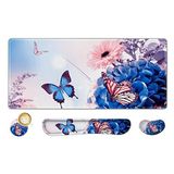 AIMSA Büyük Oyun Mouse Pad Seti, Klavye Bilek Desteği Mouse Pad, Ergonomik Bellek Köpüğü Çok Fonksiyonlu Genişletilmiş Masa Matı 88,9 x 39,9 cm Ofis Evi için Kaymaz Kauçuk Taban, Kelebek Çiçek
