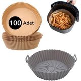 Air Fryer Pişirme Matı 20 cm Gri Silikon ve 100 Adet Yuvarlak Delikli Pişirme Kağıdı Seti