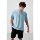 Air Jones Açık Mavi Pamuklu Kalın Yüzeyi Dokulu Oversize Fit Baskılı Erkek T-Shirt - 88364 - 2XL