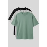 Air Jones Basic Oversize O Yaka 3lü Paket Siyah-Taş-Açık Yeşil Erkek T-Shirt - 88377 - Siyah - Yeşil - Gri
