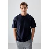 AIR JONES Lacivert Pamuklu Kalın Yumuşak Dokulu Oversize Fit Basic Erkek T- Shirt - 88377