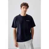 Air Jones Lacivert Pamuklu Kalın Yumuşak Dokulu Oversize Fit Baskılı Erkek T-Shirt - 88375 - 2XL