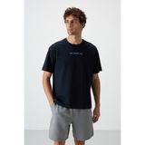 Air Jones Lacivert Pamuklu Kalın Yüzeyi Dokulu Oversize Fit Baskılı Erkek T-Shirt - 88364 - 2XL