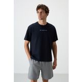 AIR JONES Lacivert Pamuklu Kalın Yüzeyi Dokulu Oversize Fit Baskılı Erkek T-Shirt - 88364