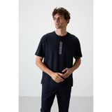 AIR JONES Lacivert Pamuklu Kalın Yüzeyi Dokulu Oversize Fit Baskılı Erkek T-Shirt - 88366