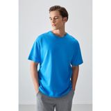 AIR JONES Petrol Mavi %100 Pamuk Kalın Yumuşak Dokulu Oversize Fit Basic Erkek T-Shirt - 88353