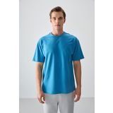 AIR JONES Petrol Mavi Pamuklu Kalın Yumuşak Dokulu Oversize Fit Basic Erkek T- Shirt - 88378