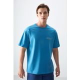 AIR JONES Petrol Mavi Pamuklu Kalın Yumuşak Dokulu Oversize Fit Baskılı Erkek T- Shirt - 88375