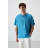 AIR JONES Petrol Mavi Pamuklu Kalın Yüzeyi Dokulu Oversize Fit Baskılı Erkek T-Shirt - 88364