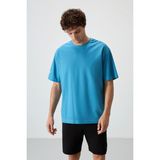 AIR JONES Petrol Mavi Pamuklu Kalın Yüzeyi Dokulu Oversize Fit Baskılı Erkek T-Shirt - 88369