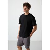 AIR JONES Siyah Waffle İnterlok Yüzeyi Dokulu Oversize Fit Basic Erkek T-Shirt - 88380