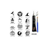 Airbrush Tattoo Cadılar Bayramı Halloween Geçici Dövme Seti, 12 Desen Şablonu, 1 Tüp Kına, Fırça Hediyeli