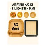 Airfryer Pişirme Kağıdı + Silikon Fırın Matı | Yapışmaz, Isıya Dayanıklı, Çoklu Kullanım | 50'Li Set