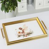 Airobazar Büyülü Peri Illüstrasyonlu Lüks Gold Çerçeveli Servis Tepsisi, Dikdörtgen Kulplu Dekoratif Çay Kahve Sunum Tepsisi 50X31CM - 50 x 31 cm