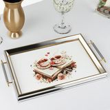 Airobazar Kitap ve Kahve Temalı Gümüş Çerçeveli Servis Tepsisi, Dikdörtgen Kulplu Dekoratif Çay Kahve Sunum Tepsisi 50X31CM - 50 x 31 cm