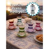 Airobazar Topkapı 6 Kişilik Çay Seti, French Press Hediyeli, 9 Farklı Osmanlı Desenli Çay Bardağı Takımı - 001-Renkli