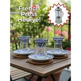Airobazar Topkapı 6 Kişilik Çay Seti, French Press Hediyeli, 9 Farklı Osmanlı Desenli Çay Bardağı Takımı - Açık Mavi - Beyaz