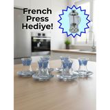 Airobazar Topkapı 6 Kişilik Çay Seti, French Press Hediyeli, 9 Farklı Osmanlı Desenli Çay Bardağı Takımı - Açık Mavi