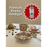 Airobazar Topkapı 6 Kişilik Çay Seti, French Press Hediyeli, 9 Farklı Osmanlı Desenli Çay Bardağı Takımı - Şeffaf