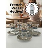 Airobazar Topkapı 6 Kişilik Çay Seti, French Press Hediyeli, 9 Farklı Osmanlı Desenli Çay Bardağı Takımı