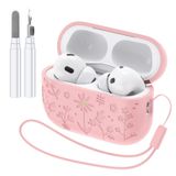 AirPods Pro 2 Kılıf USB C ile Uyumlu, Airpods Pro 2. Nesil için Çiçek İşlemeli Sevimli Silikon Koruyucu Kılıf Kapak, Temizleyici Kiti ve Kordonlu Kadınlar Kızlar için (Pembe)