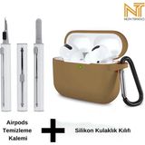 Airpods Pro 2. Nesil Uyumlu Yüksek Kalite Liquid Silikon Tıpalı Kılıf ve Elektronik Temizleme Kalemi - Açık Kahverengi