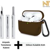 Airpods Pro 2. Nesil Uyumlu Yüksek Kalite Liquid Silikon Tıpalı Kılıf ve Elektronik Temizleme Kalemi - Kahverengi