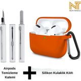Airpods Pro 2. Nesil Uyumlu Yüksek Kalite Liquid Silikon Tıpalı Kılıf ve Elektronik Temizleme Kalemi - Turuncu