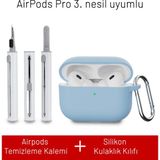 Airpods Pro 3. Nesil Uyumlu Darbelere Dayanıklı Askı Aparatlı Silikon Kılıf ve Elektronik Temizleme Kalemi - Açık Mavi
