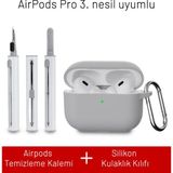 Airpods Pro 3. Nesil Uyumlu Darbelere Dayanıklı Askı Aparatlı Silikon Kılıf ve Elektronik Temizleme Kalemi - Gri