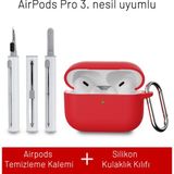Airpods Pro 3. Nesil Uyumlu Darbelere Dayanıklı Askı Aparatlı Silikon Kılıf ve Elektronik Temizleme Kalemi - Kırmızı