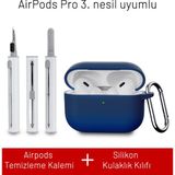 Airpods Pro 3. Nesil Uyumlu Darbelere Dayanıklı Askı Aparatlı Silikon Kılıf ve Elektronik Temizleme Kalemi - Koyu Mavi