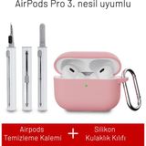 Airpods Pro 3. Nesil Uyumlu Darbelere Dayanıklı Askı Aparatlı Silikon Kılıf ve Elektronik Temizleme Kalemi - Pembe