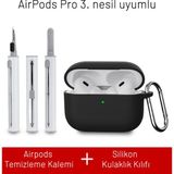 Airpods Pro 3. Nesil Uyumlu Darbelere Dayanıklı Askı Aparatlı Silikon Kılıf ve Elektronik Temizleme Kalemi - Siyah