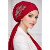 Aişe tesettür Açık Bordo Nakışlı Abiye Atkılı Bone