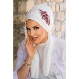 Aişe tesettür Beyaz Bordo Nakışlı Atkılı Abiye Bone - 60101 Beyaz Bordo